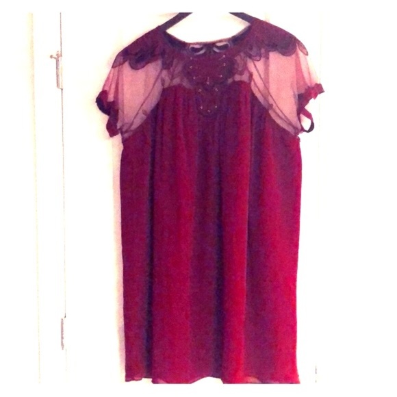 ASOSCurve Burgundy Dress w/ Detailed Illusion Neck - Picture 1 of 4